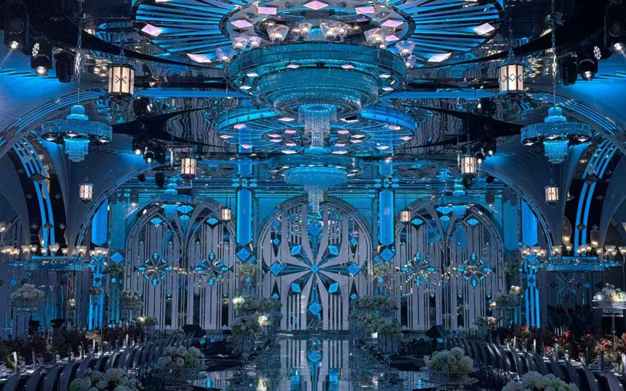 Blue-themed banquet space