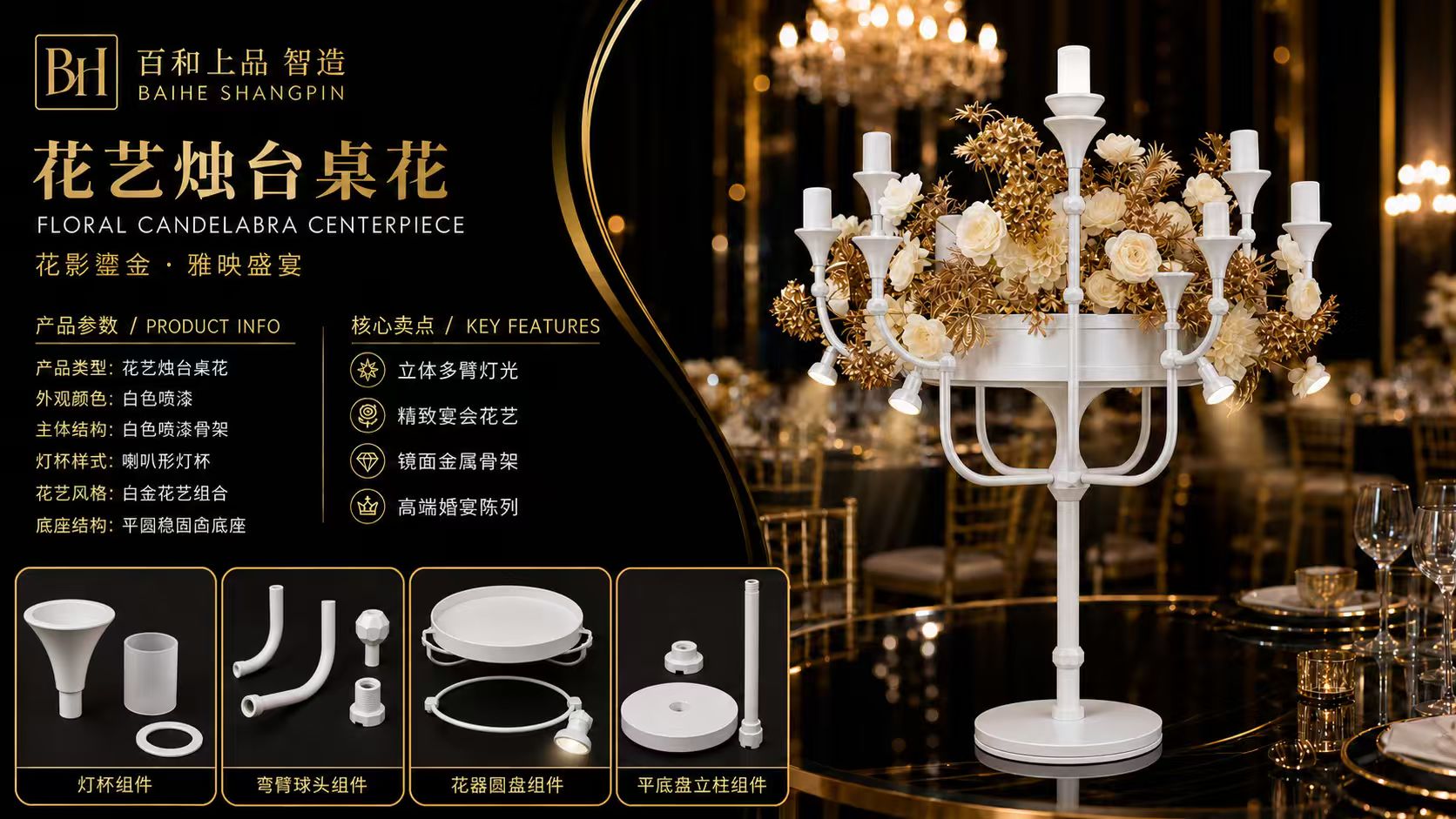 Banquet centerpiece · White floral White Floral Candelabra Centerpiece