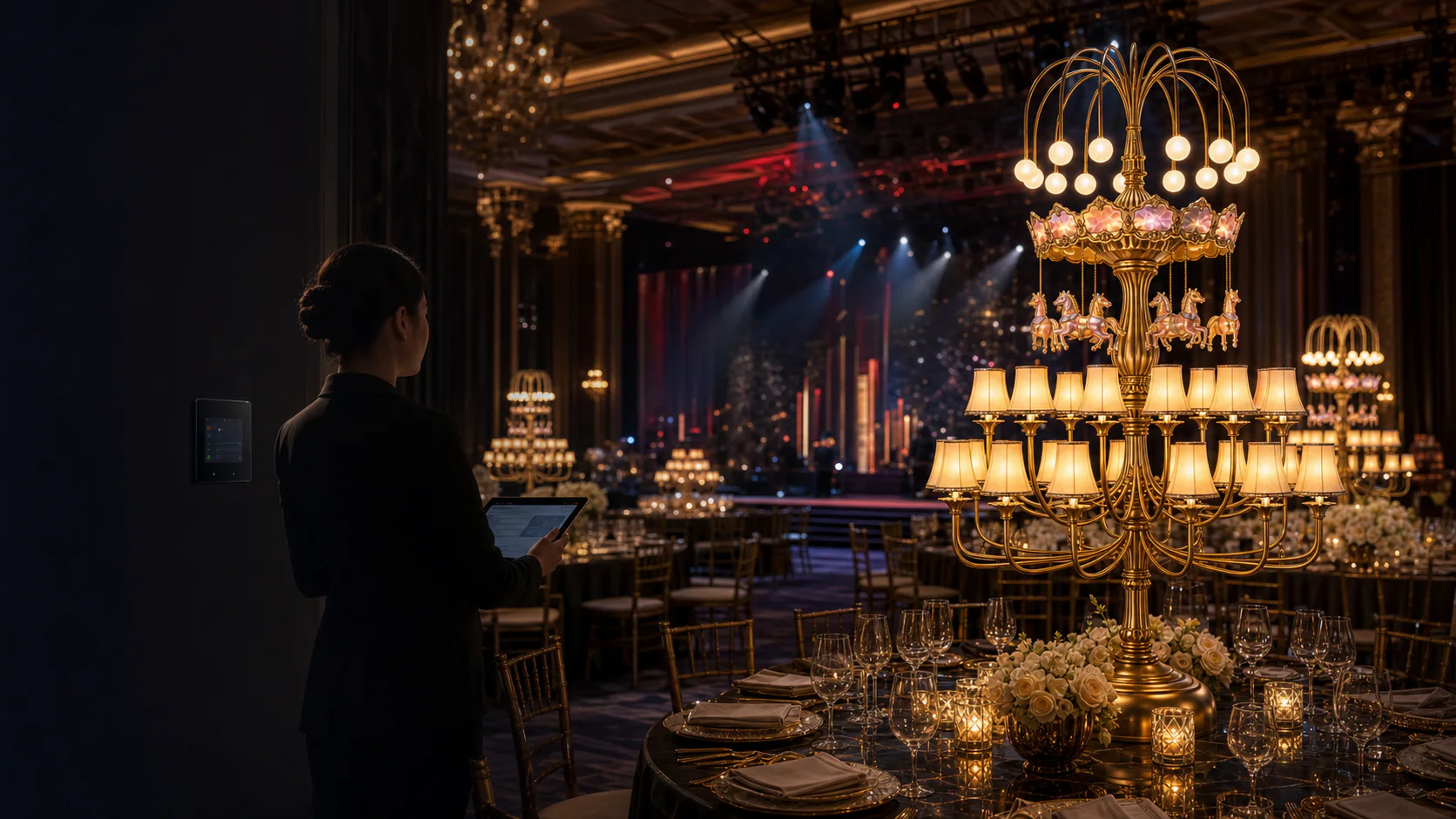 Operator controlling ballroom lighting from a tablet with a wall panel available
